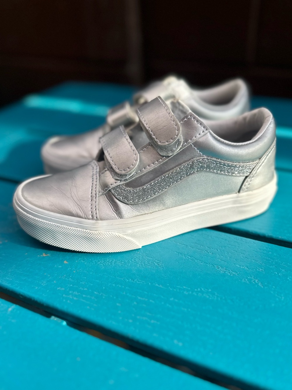 Kids Size 13 Silver Velcro Sneakers - Brand: VANS